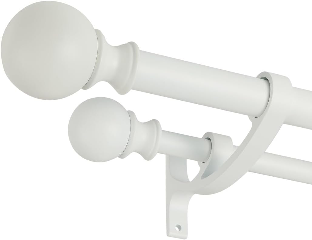 Matte White Double Curtain Rod 48 to 84 Inch - Decorative Window Rod With Rou...