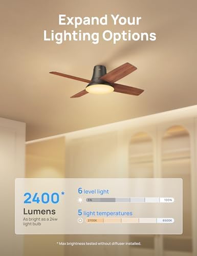 DREO Ceiling Fan, 44 Inch Low Profile Ceiling Fan with Light and Remote, 5CCT...