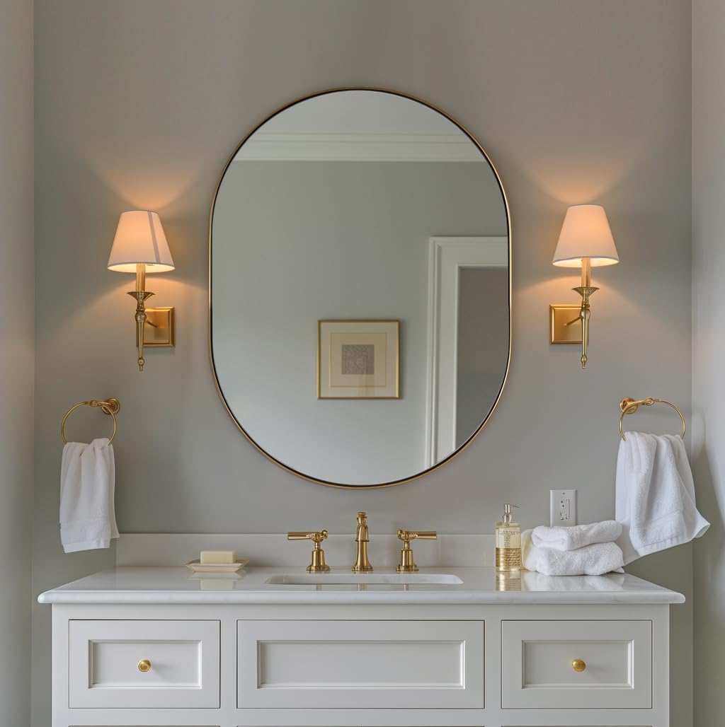 Oval Bathroom Mirror, 24x32’’ Gold Oval Mirror Pill-Shaped Design in Stainles...
