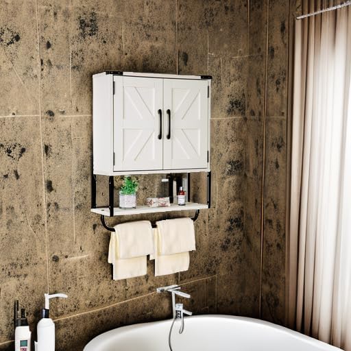 RUSTOWN Farmhouse Medicine Cabinet with 2 Barn Door & Towel Bar Rack