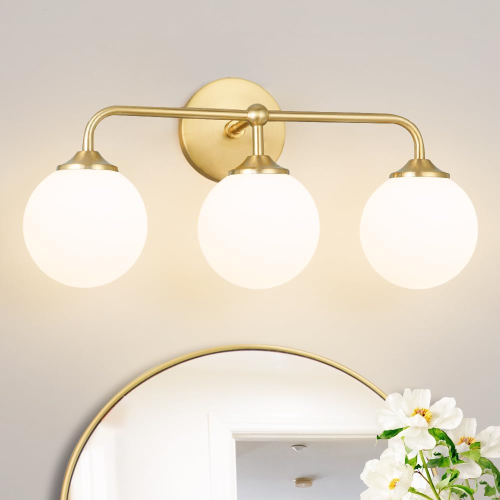 Modern Brushed Gold 3-Lights Vanity Light Fixtures with Milky White Glass Bal...