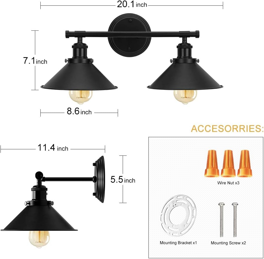 Black Bathroom Light Fixture, 2-Light Farmhouse Vanity Lights for Bathroom