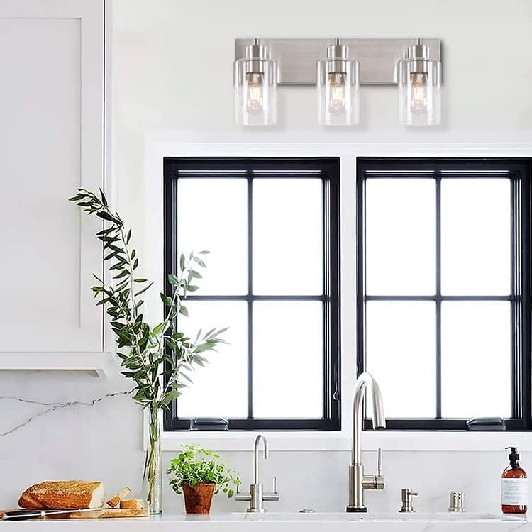 Brushed Nickel Bathroom Vanity Lights 3-Light, Clear Glass Shade