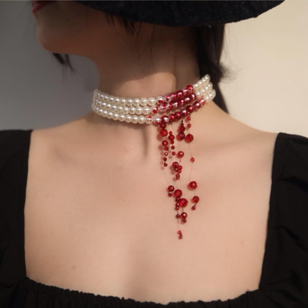 Dripping Blood Choker Imitation Pearls Necklace Vampire Party Accessory Marie...