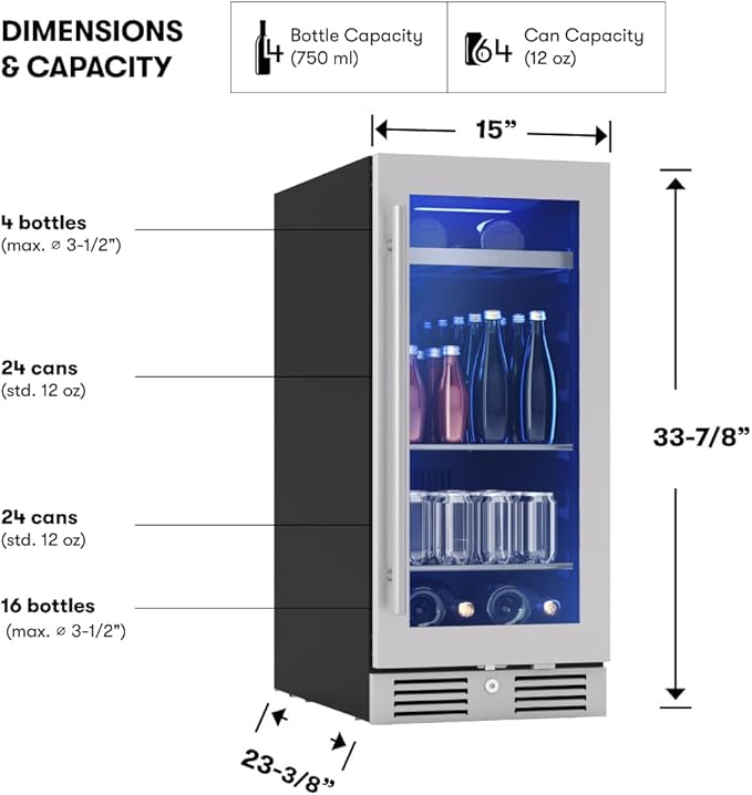 Zephyr Presrv 15" Slim Wine Fridge & Beverage Refrigerator Single Zo...