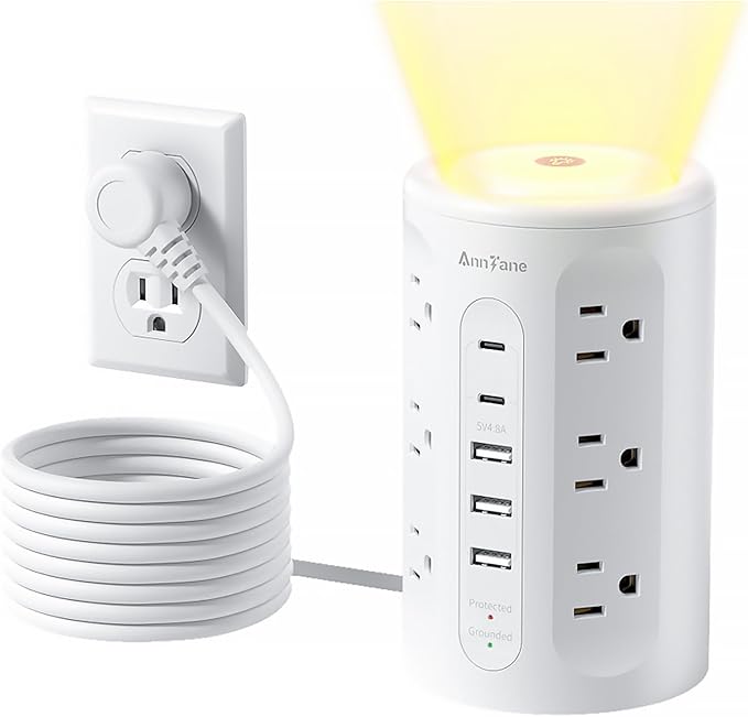AnnTane Power Strip Tower with Night Light, 15W Surge Protector Power Strip