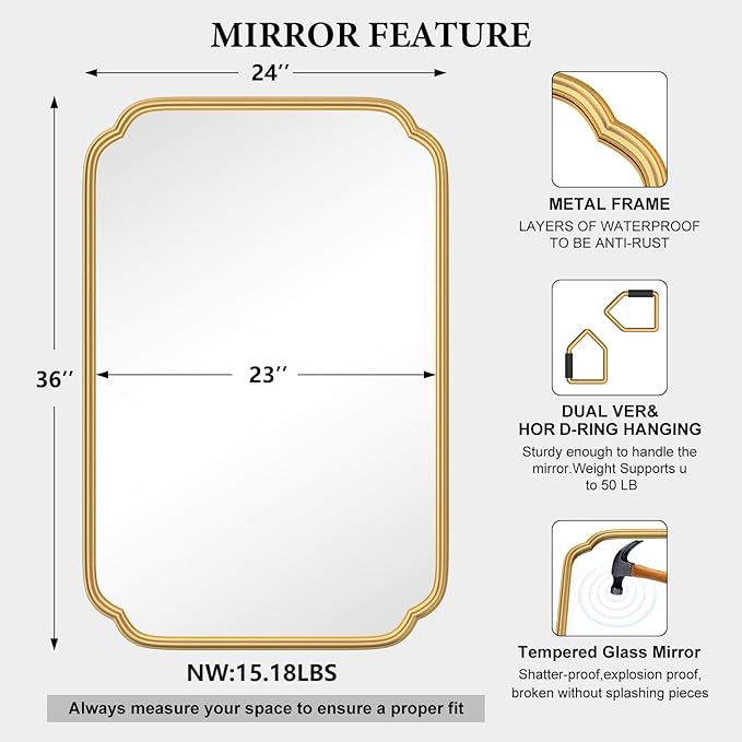 Gold Bathroom Vanity Mirror for Wall 24" x 36" Modern Rounded Recta...