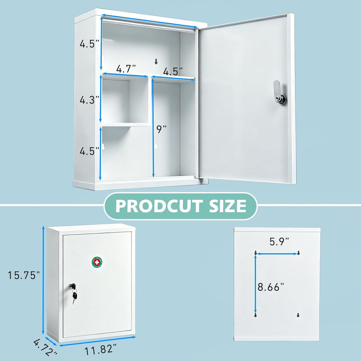 KYODOLED Locking Medicine Cabinet with Keys, Wall Mount, 15.75 Inch, White
