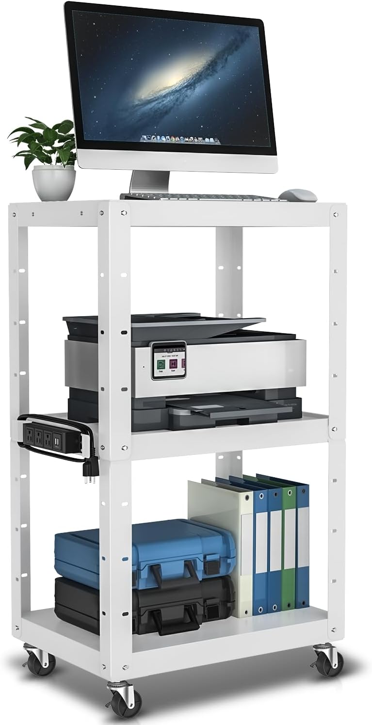 Auto Dynasty Adjustable AV Cart w/Power Strip, 4 ft Rolling Stand, White
