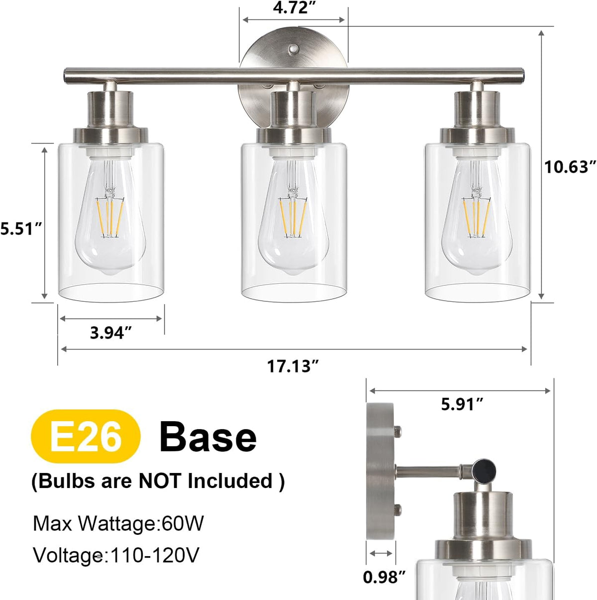 Unicozin 3 Light Vanity Lights, Brushed Nickel Wall Sconce Light with Clear G...