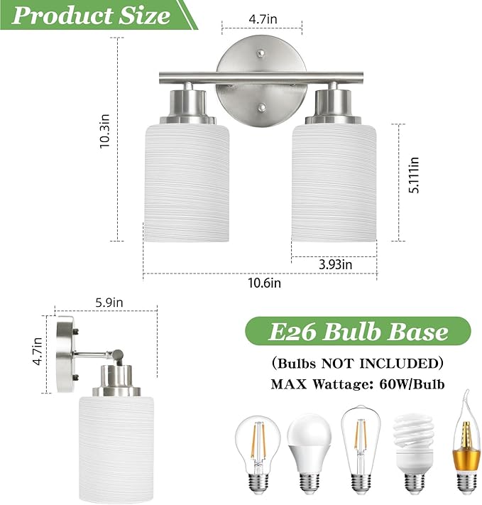 Guliaofo 2-Light Vanity Lights, Brushed Nickel Bathroom Light Fixture