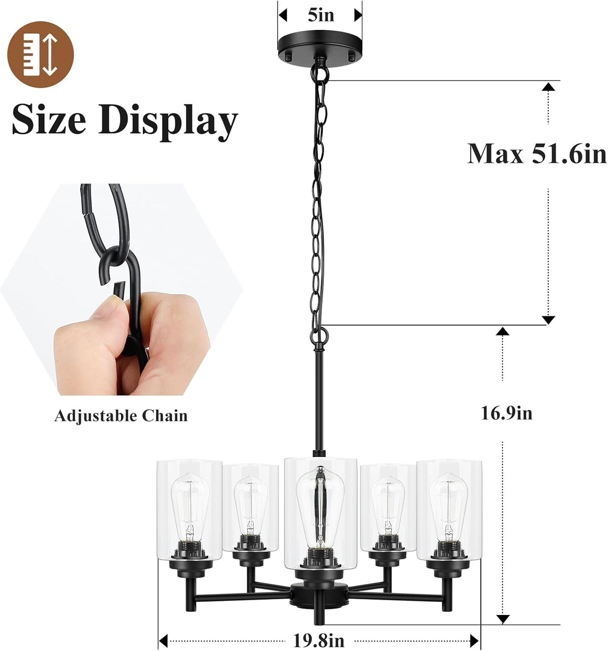 D19.8" Chandelier for Dining Room, 5-Light Black Kitchen Light Fixture