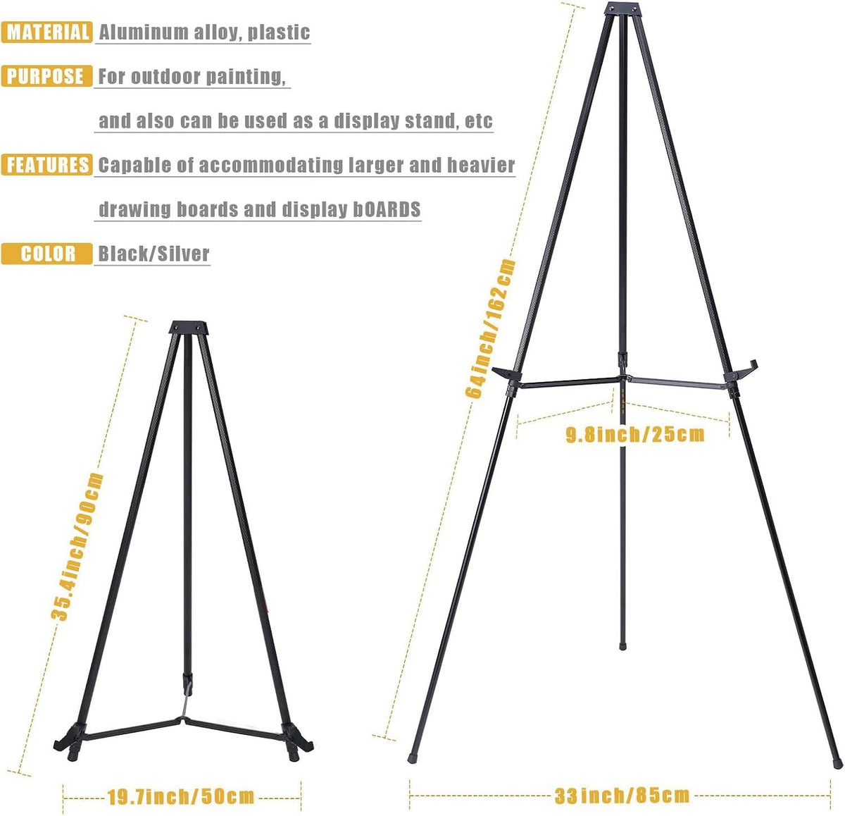 MXG Professional Aluminum Black Easel Display Stand for Painting, Signs
