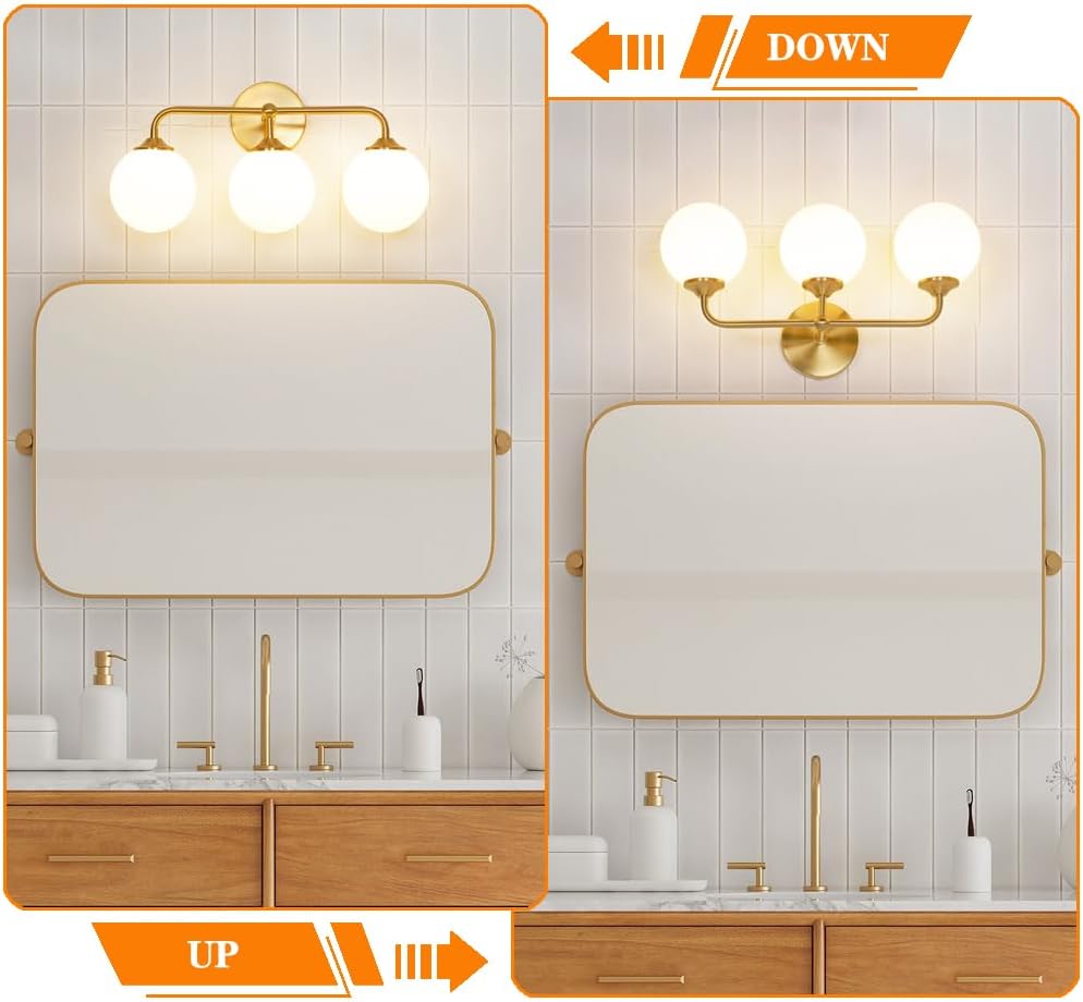 Modern Brushed Gold 3-Lights Vanity Light Fixtures with Milky White Glass Bal...