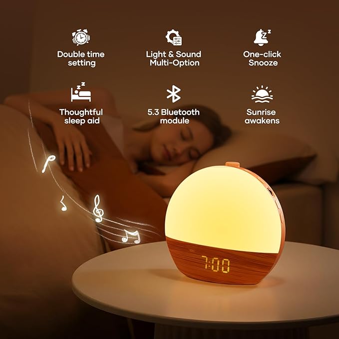 Sunrise Alarm Clock, Sound Machine, Wood Grain Dimmable Night Light