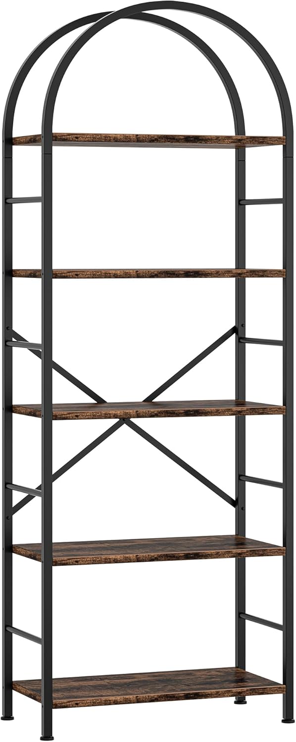 Shintenchi Arched 5 Tier Bookshelf, Brown Open Storage Bookcase