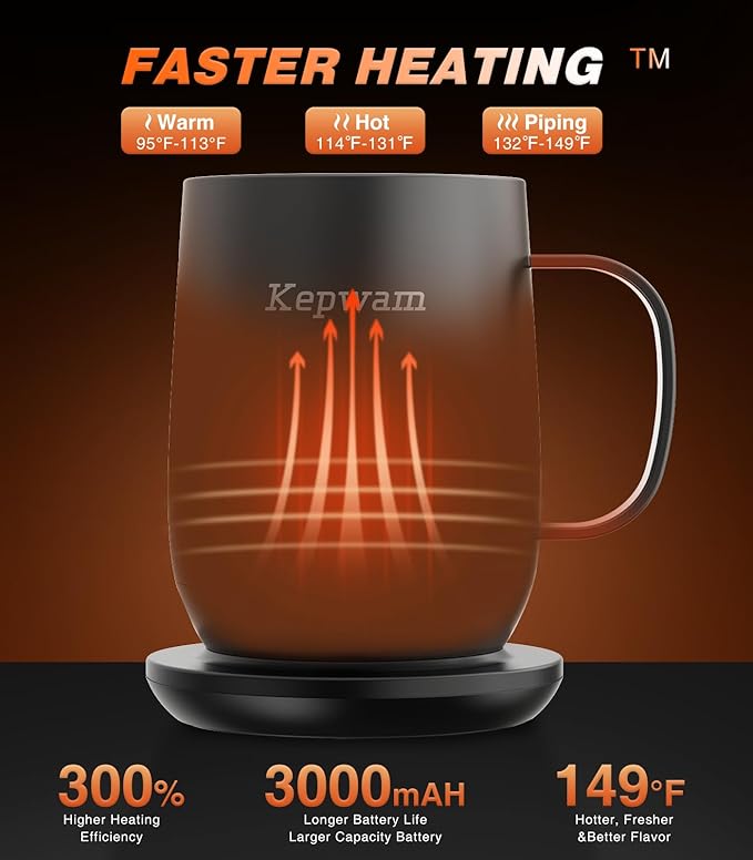 Kepwam Self Heating Coffee Mug T2, 16oz Smart Heated Coffee Mug, 150 Min