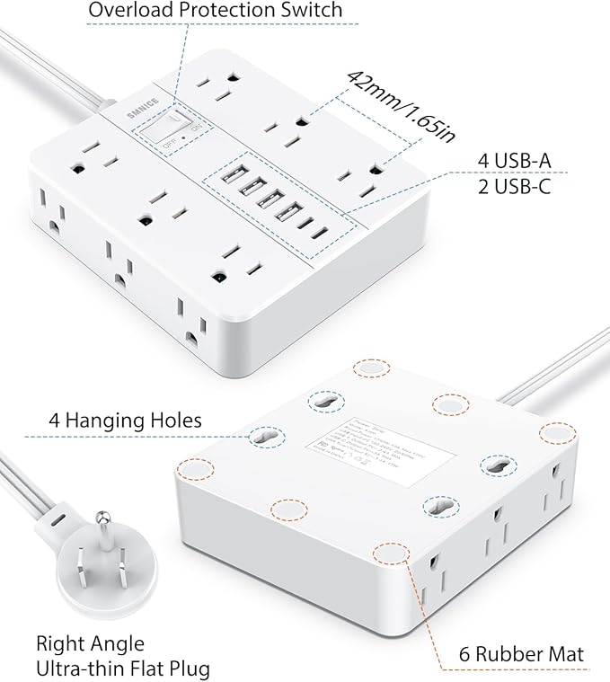 Power Strip Surge Protector 20ft Extension Cord, SMNICE Flat Plug