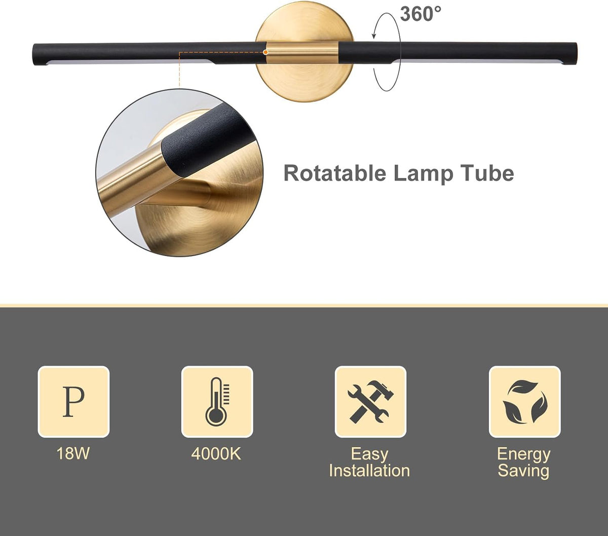 Modern Bathroom Light Fixtures Over Mirror 24 Inch, 18W 360° Rotatable Dimmab...