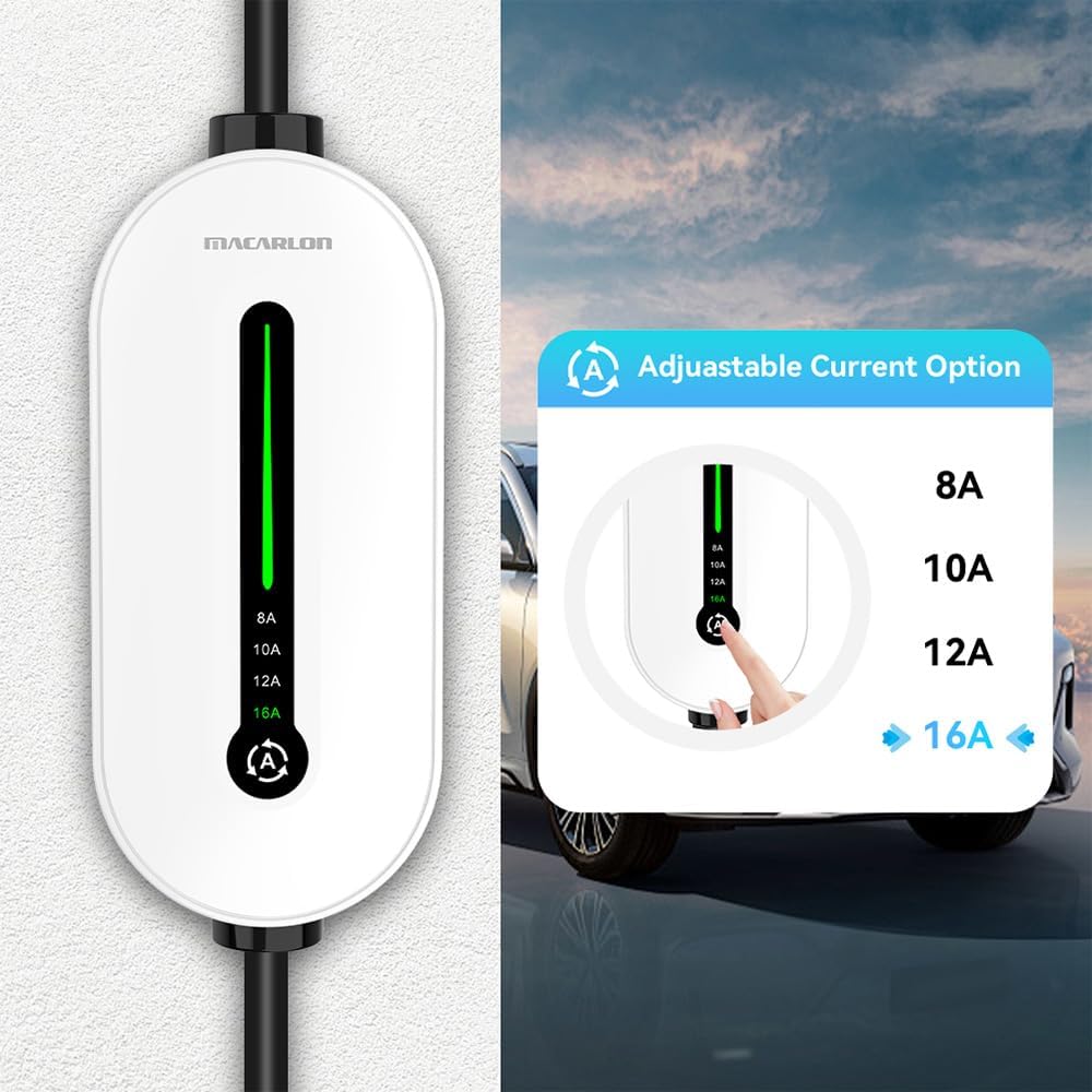6-16A Adjustable Level 1&2 EV Charger, 110V-240V, IP65 Waterproof, White