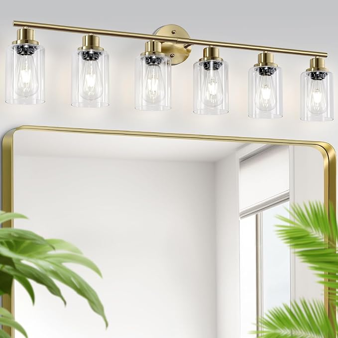 Guliaofo 6-Light E26 Gold Bathroom Vanity Lights, Modern Bathroom Light Fixtures