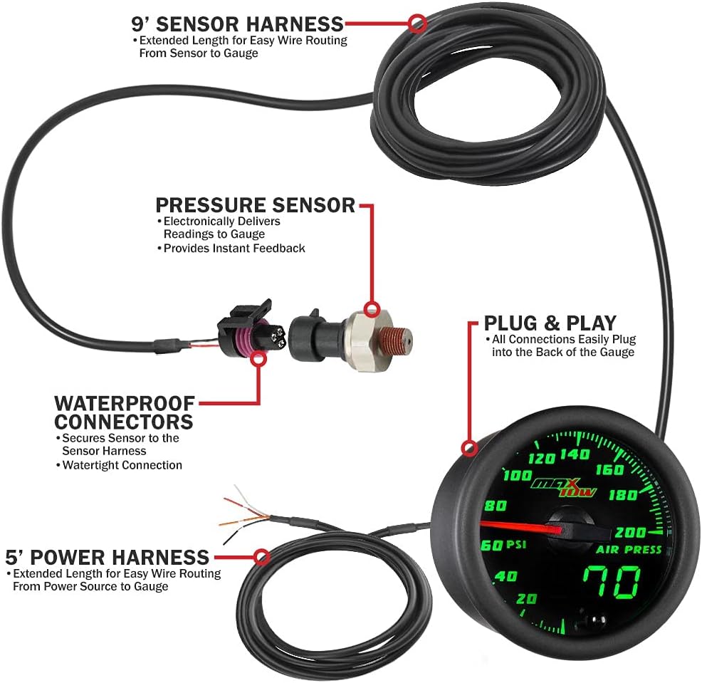 Black & Green 200 PSI Air Pressure Gauge Kit, 2-1/16" 52mm