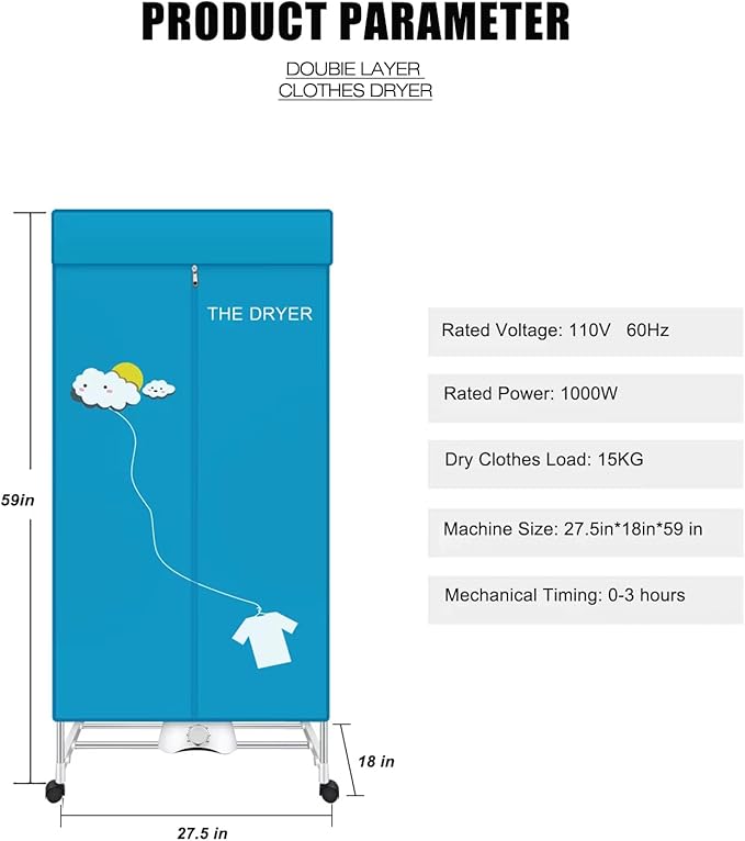 Portable Dryer, 110V 1000W Electric Clothes Dryer Machine, Double Layer