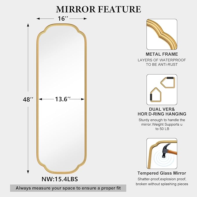 48"x16" Gold Door Mirror Full Length Over The Door