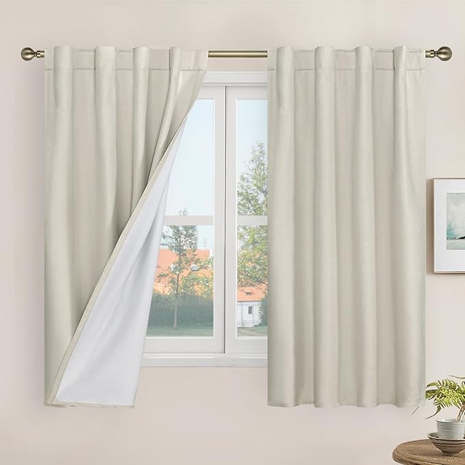 LAMIT Short Linen Blackout Curtains 48 Inch Length 2 Panels, 100% Blackout