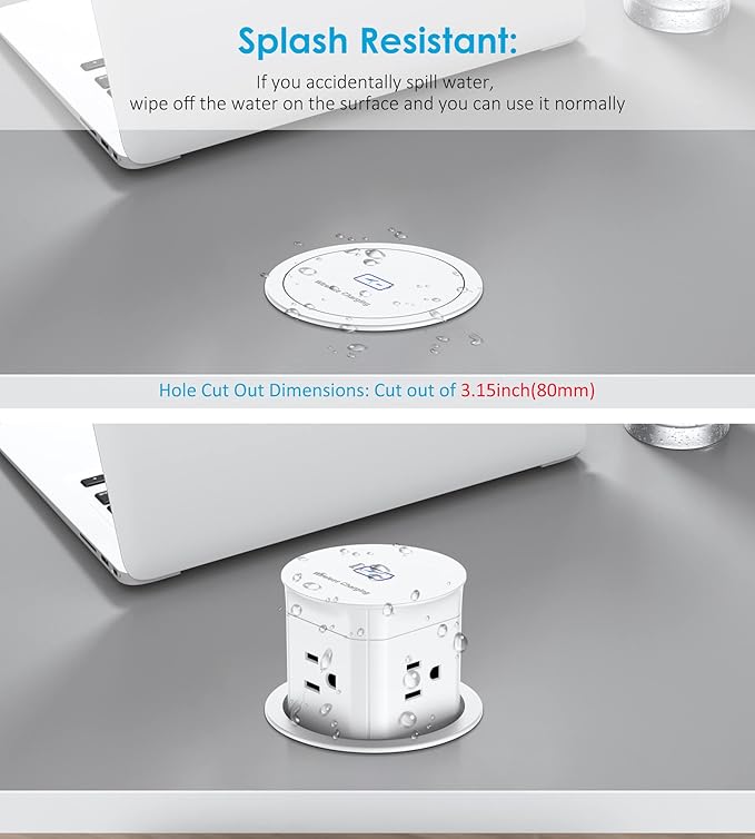 Jgstkcity Pop Up Outlet with 15W Wireless Charger, 4 Outlets 15A, Splash