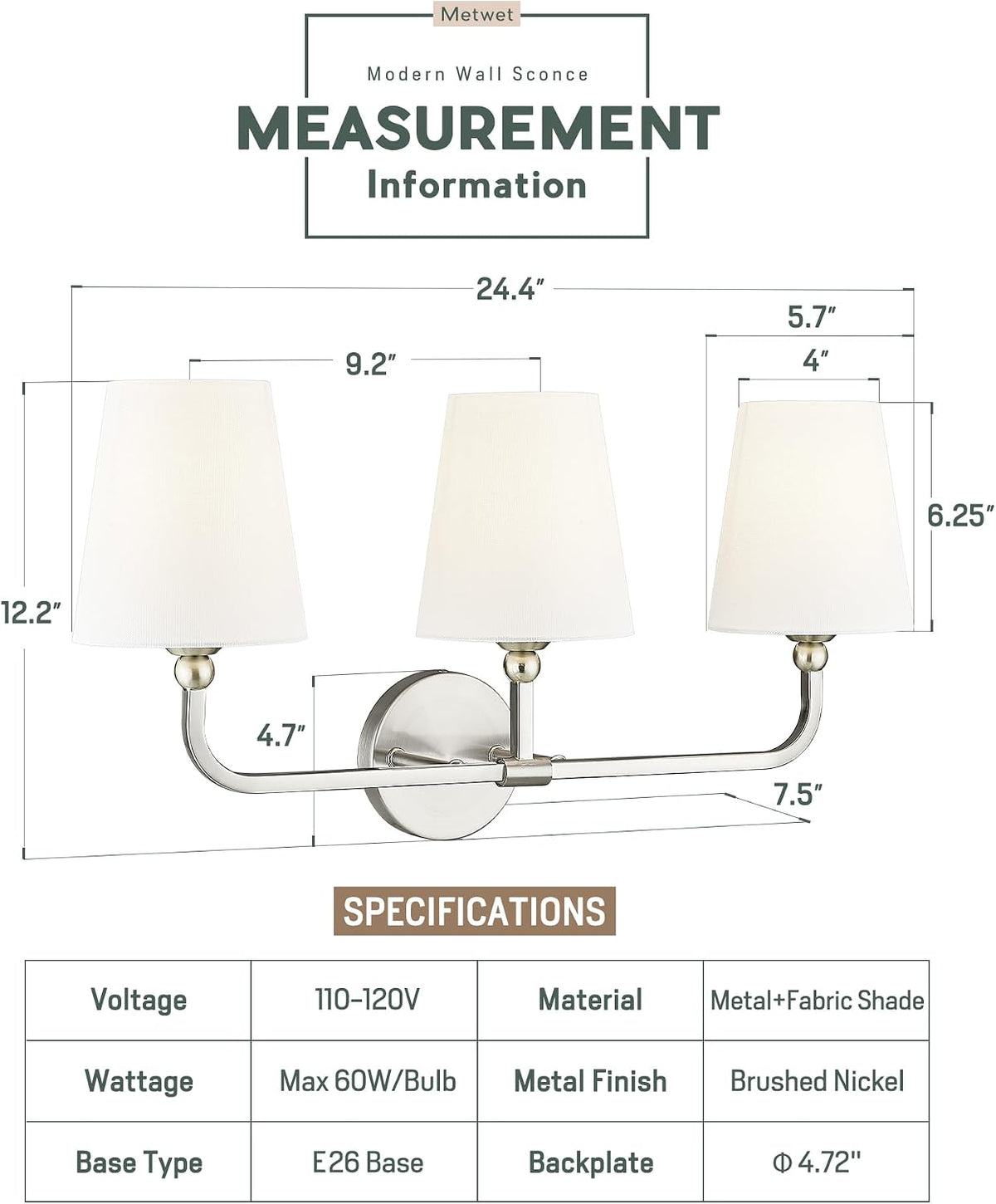 Bathroom Light Fixtures, Brushed Nickel Vanity Lights with Flared White Fabri...