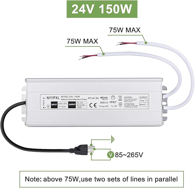 LED Driver 150 Watts 24V DC Low Voltage Transformer, Waterproof IP67 LED Power