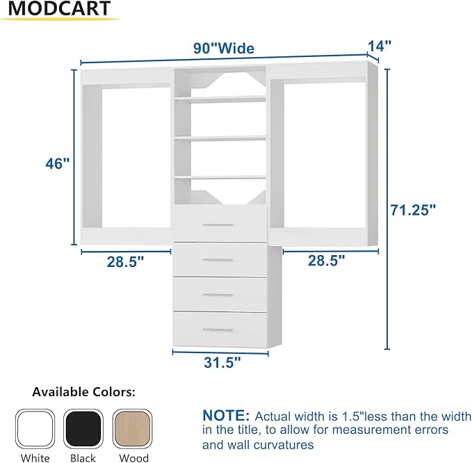 Modular Closet 90" Hanging & Drawers, Wooden Tower
