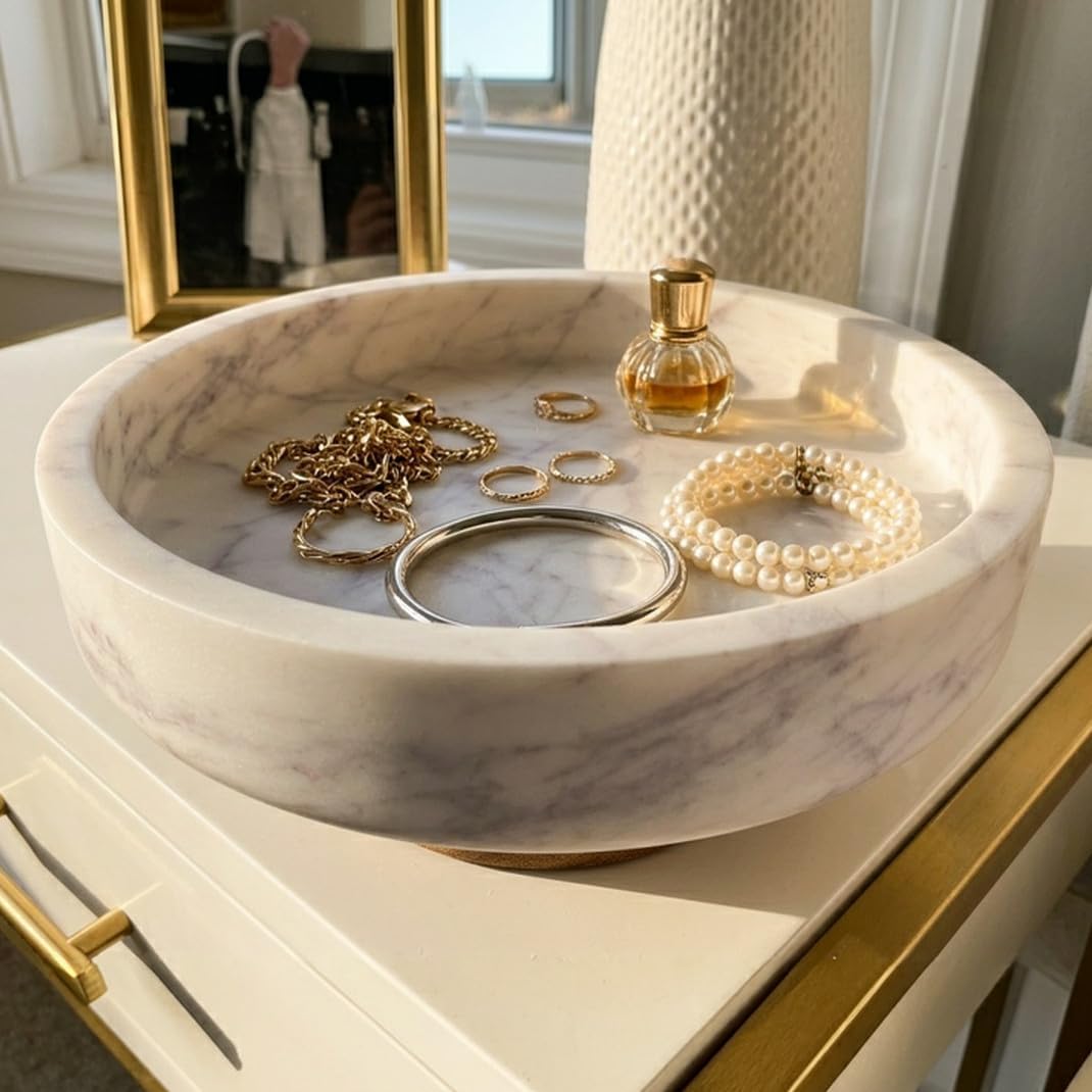 Evovee White Marble Fruit Bowl Decorative Home Decor Table Centerpiece Acacia...