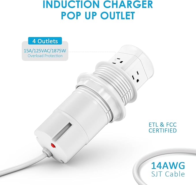 Jgstkcity Pop Up Outlet with 15W Wireless Charger, 4 Outlets 15A, Splash