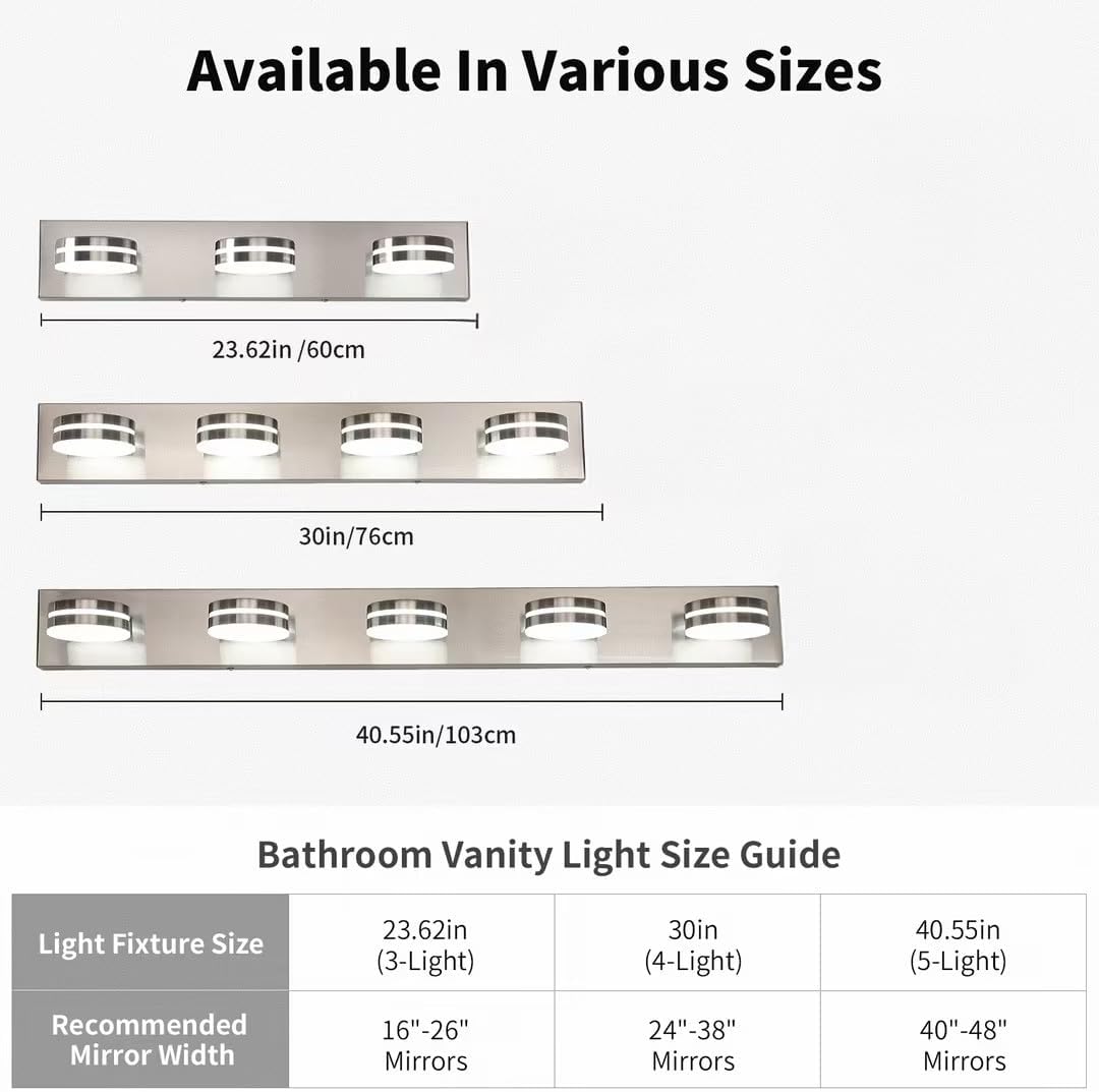 Brushed Nickel Bathroom Vanity Light, (24in Dimmable) 3-Light Bathroom Light ...
