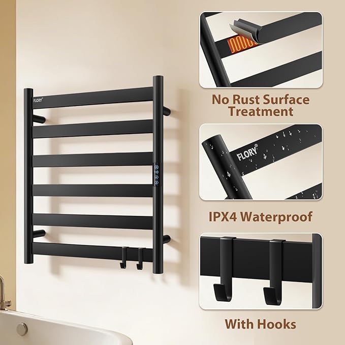 R FLORY Heated Towel Rack for Bathroom, 6 Bar Wall Mounted Towel Warmer Racl