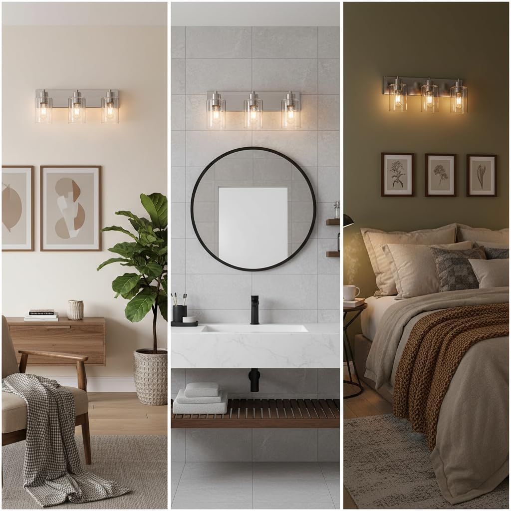 Brushed Nickel Bathroom Vanity Lights 3-Light, Clear Glass Shade