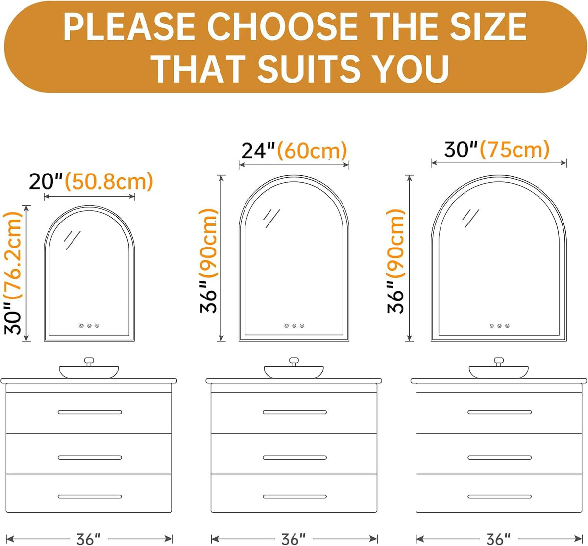 24"x36" Arched LED Lighted Bathroom Mirror with Lights | Fogless, D...