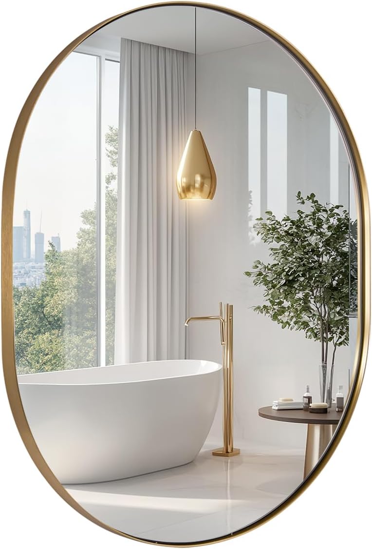 Oval Bathroom Mirror, 24x32’’ Gold Oval Mirror Pill-Shaped Design in Stainles...