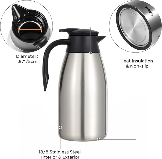 Tiken 85 Oz Thermal Coffee Carafe, Stainless Steel Insulated Vacuum Coffee