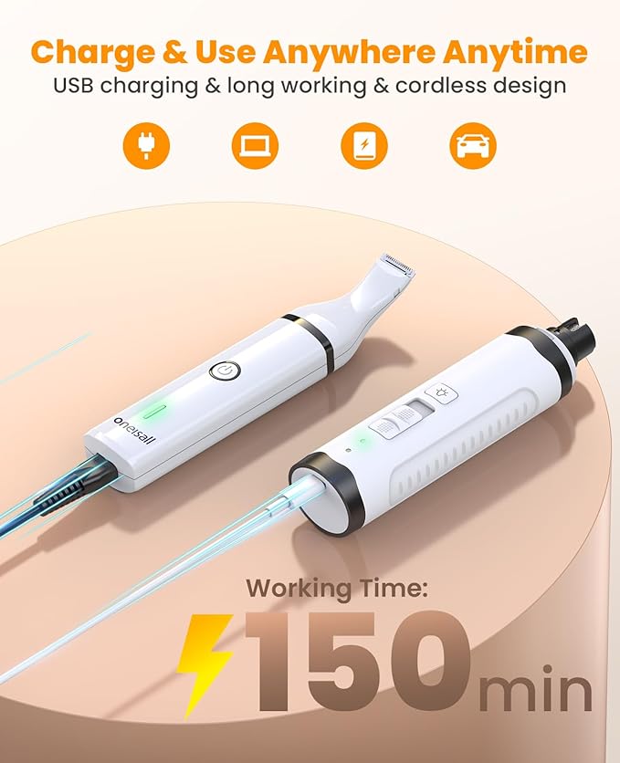 oneisall Dog Nail Grinder and Paw Trimmer Kit 3 in 1 Quiet Rechargeable