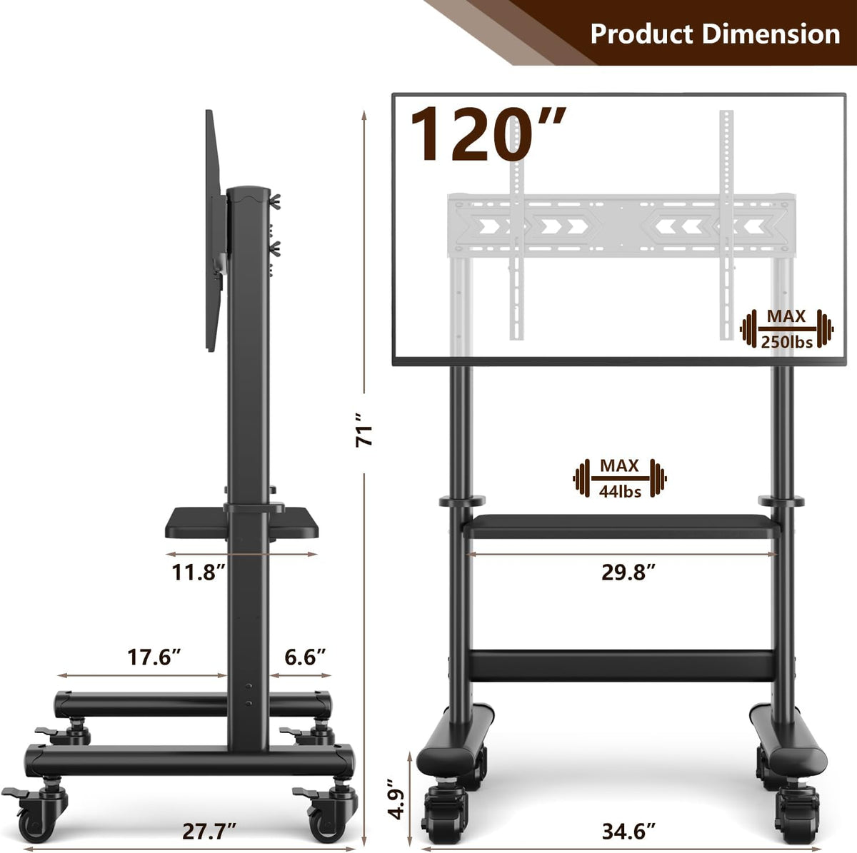 Mobile TV Cart Rolling TV Stand with Wheels for 55-120" TVs up to 250 lbs