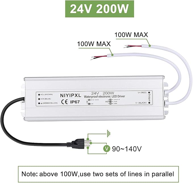 LED Driver 200 Watts 24V DC Low Voltage Transformer, Waterproof IP67 LED Power