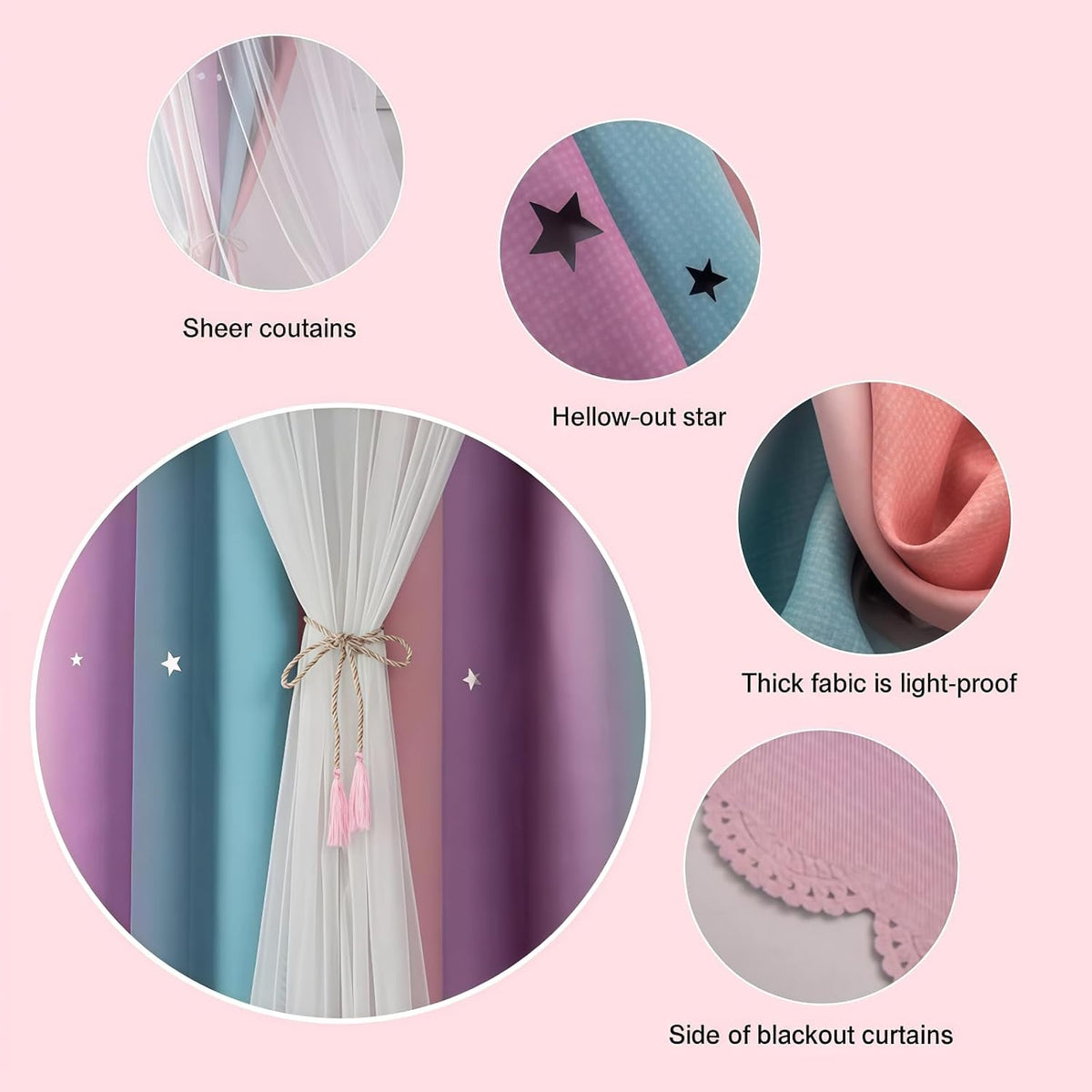 Star Cutout Blackout Curtains, Pink Purple Blue, W52 x L63 Inch | 2 Panels, O...