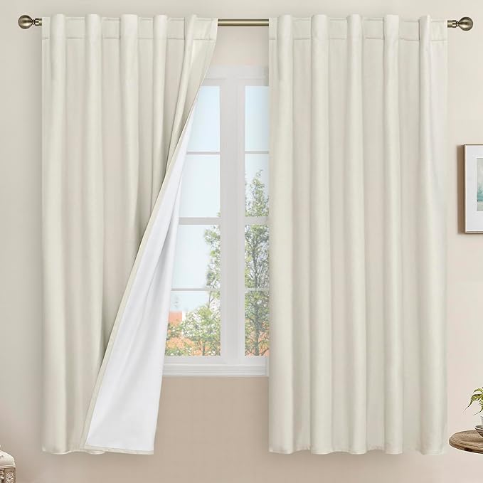 LAMIT Natural 100% Blackout Linen Curtains, 63 Inches Linen Textured Thermal