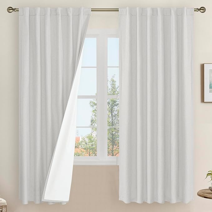 LAMIT 100% Blackout Natural Linen Curtains, 68 Inches Linen Textured Thermal