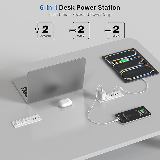 Recessed Power Strip Fast Charging Station 2 PD 65W USB C, Flush Mount