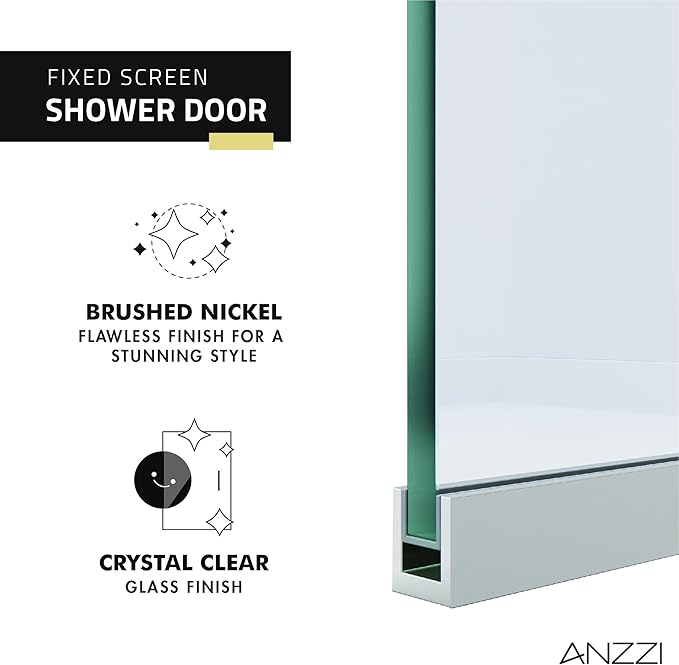 ANZZI 74 X 34 Inch Frameless Fixed Glass Shower Screen Shower Door in Brushed