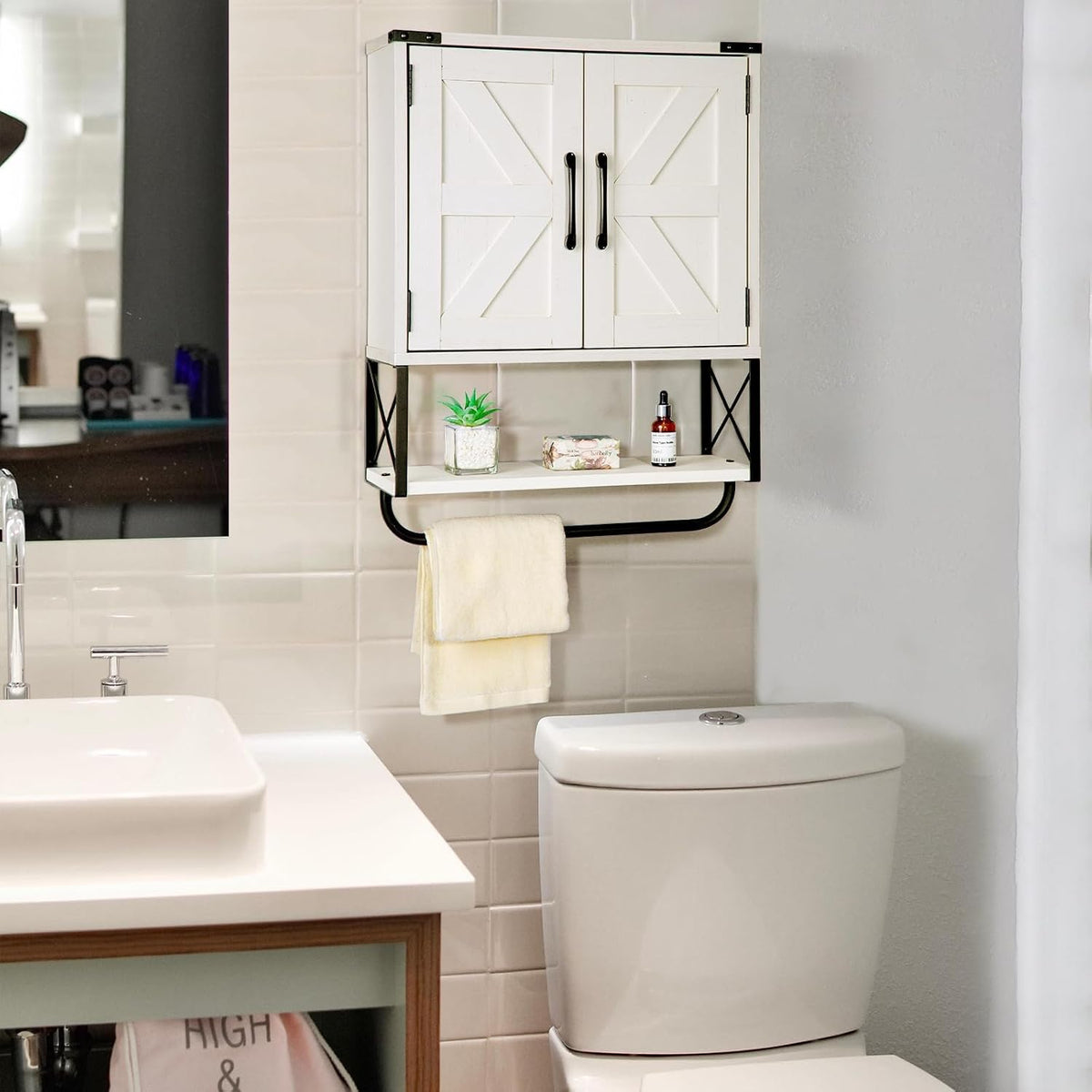 RUSTOWN Farmhouse Medicine Cabinet with 2 Barn Door & Towel Bar Rack